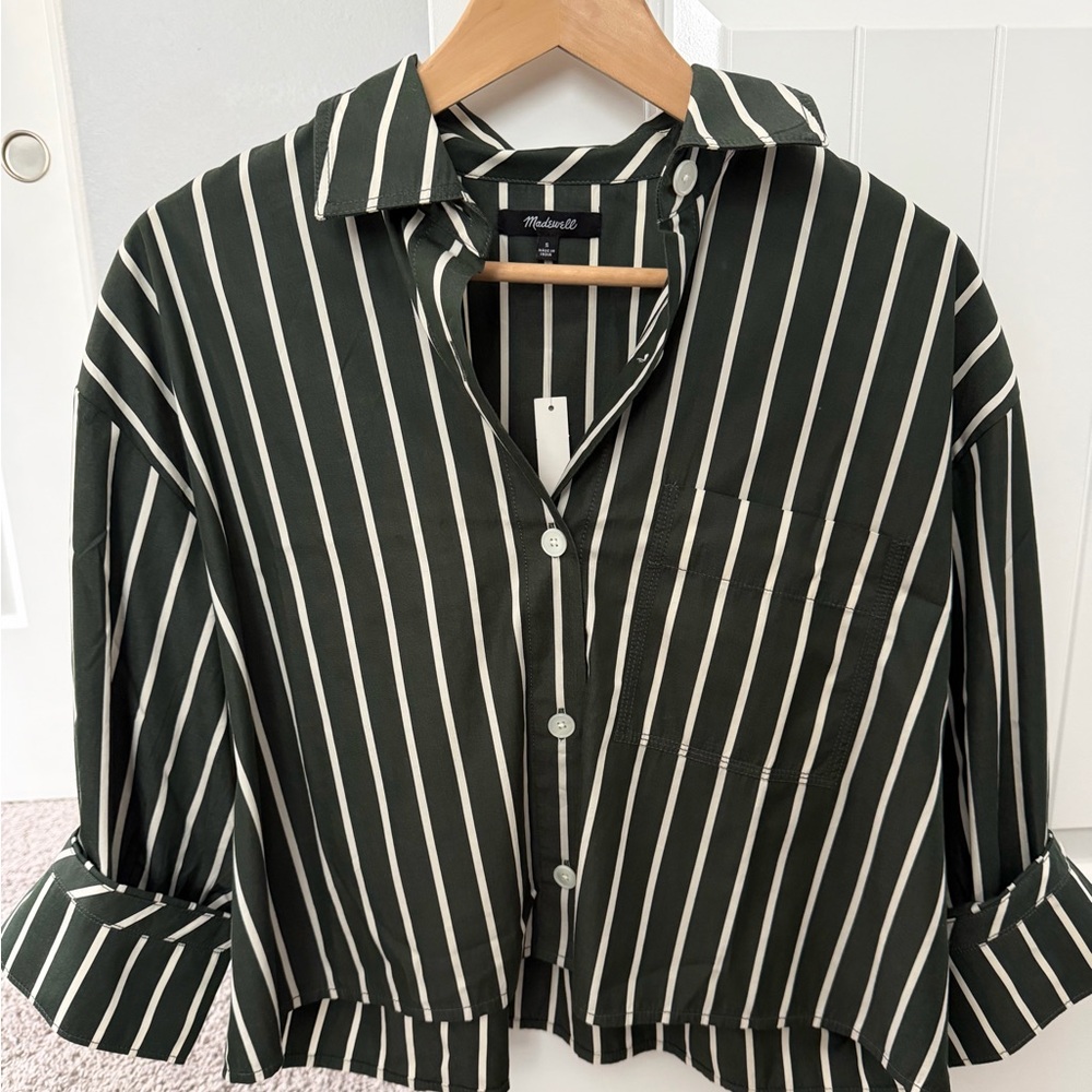 Madewell Dark Green and White Striped Button-Up Shirt